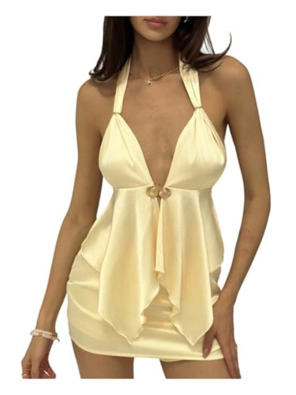 Satin Asymmetrical 2 Piece Outfit Halter Top Mini Skirt Party Club Set